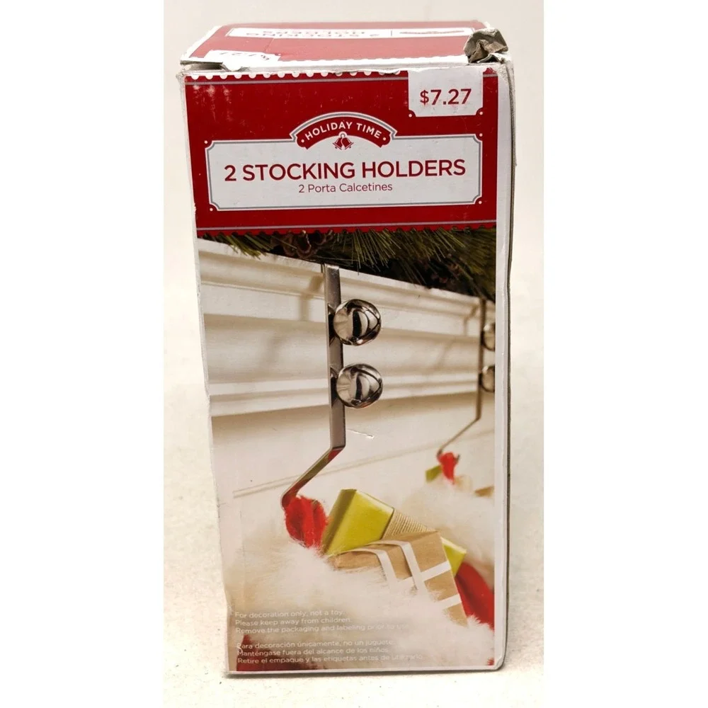 Holiday Time Gold Jingle Bell Stocking Holders Set of 2 Mantel Hangers